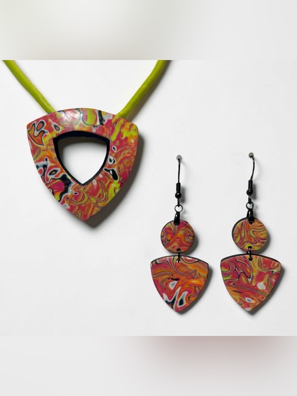 Handmade Marbled Red Polymer Clay Large Pendant Necklace on Cord & Earring Set